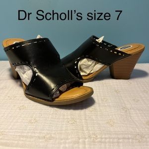 Dr Scholl's Black Faux Leather Perforated Cut Out Open Toe Heeled Mules Clogs 7